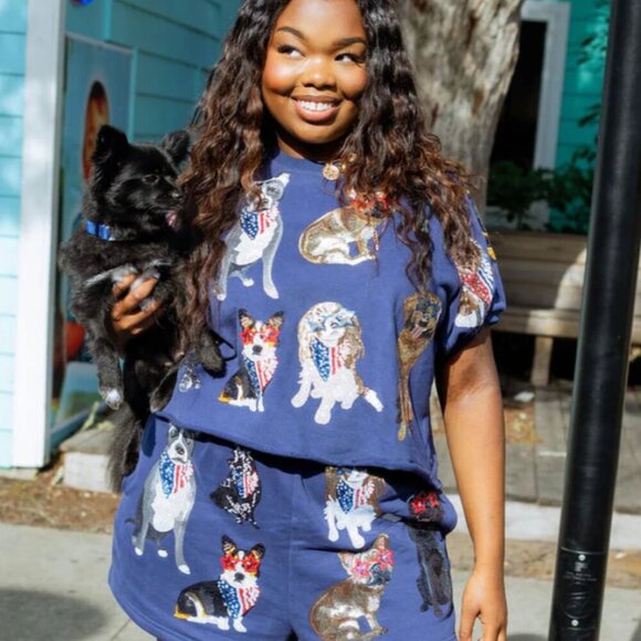 NWT Queen of Sparkles Navy American Dog Top size extra small - Picture 1 of 2